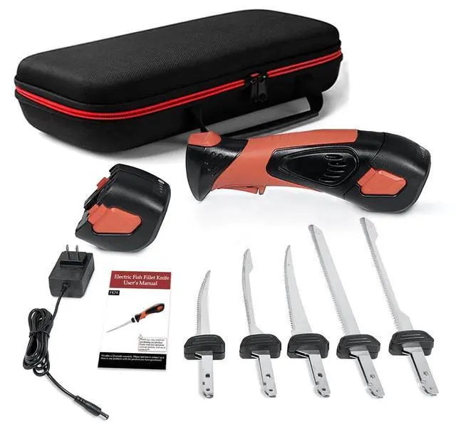 Alt view image 7 of 7 - Cordless Electric Fillet Knife - 5 Ti-Nitride Coated Non-Stick Blades, Ergonomic Non-Slip Grip Handle & Cooling Vent Stylish with Carry Bag,Perfect Electric Knife for Effortless Fishing (Orange)