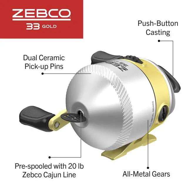 Alt view image 4 of 7 - 33 Gold Spincast Fishing Reel, Changeable Right or Left-Hand Retrieve, All-Metal Gears, Pre-Spooled with Cajun Fishing Line