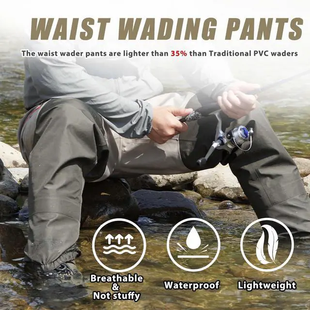 Alt view image 5 of 6 - Waist Wader Pants for Men and Women, 3-Ply Breathable Waterproof Fishing Waders with Pockets and Durable Stockingfoot
