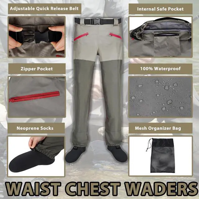 Alt view image 2 of 6 - Waist Wader Pants for Men and Women, 3-Ply Breathable Waterproof Fishing Waders with Pockets and Durable Stockingfoot