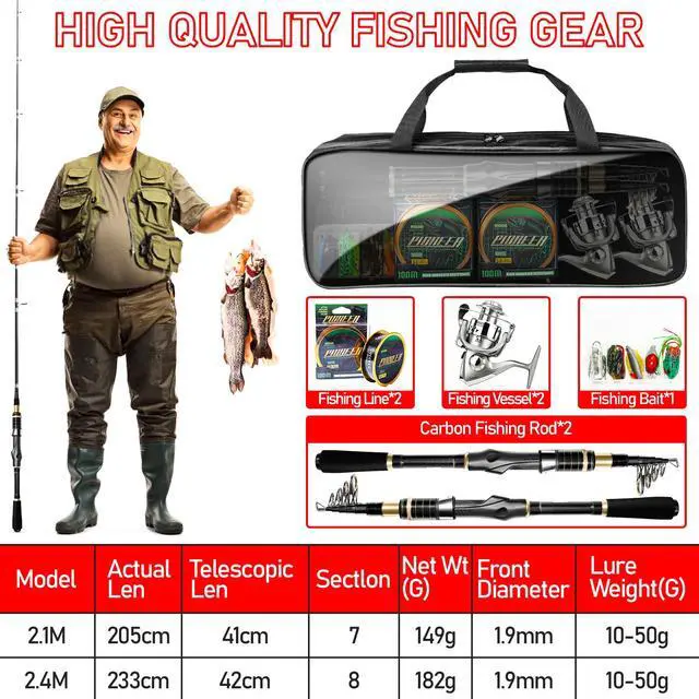 Alt view image 6 of 7 - Fishing Pole and Reel Combo - 2PCS Carbon Fiber Telescopic Rods Spinning Reels Saltwater/Freshwater Kit with Lures, Line and Carrier Bag, Travel Fishing Gear for Adults