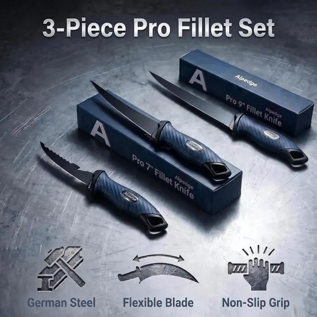 Alt view image 2 of 7 - 3PCS Fishing Fillet Knife Set, 5"/7"/9" Filet Knifes for fish | Flexible German DIN 1.4116 Stainless Steel Blades, Non-Slip Handle, Includes Protective Sheaths, Safety Buckle & Belt Clip