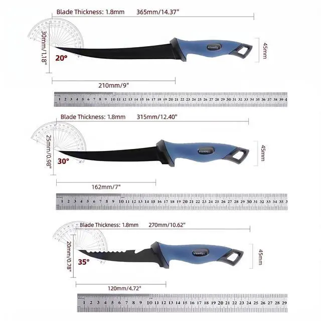 Alt view image 7 of 7 - 3PCS Fishing Fillet Knife Set, 5"/7"/9" Filet Knifes for fish | Flexible German DIN 1.4116 Stainless Steel Blades, Non-Slip Handle, Includes Protective Sheaths, Safety Buckle & Belt Clip