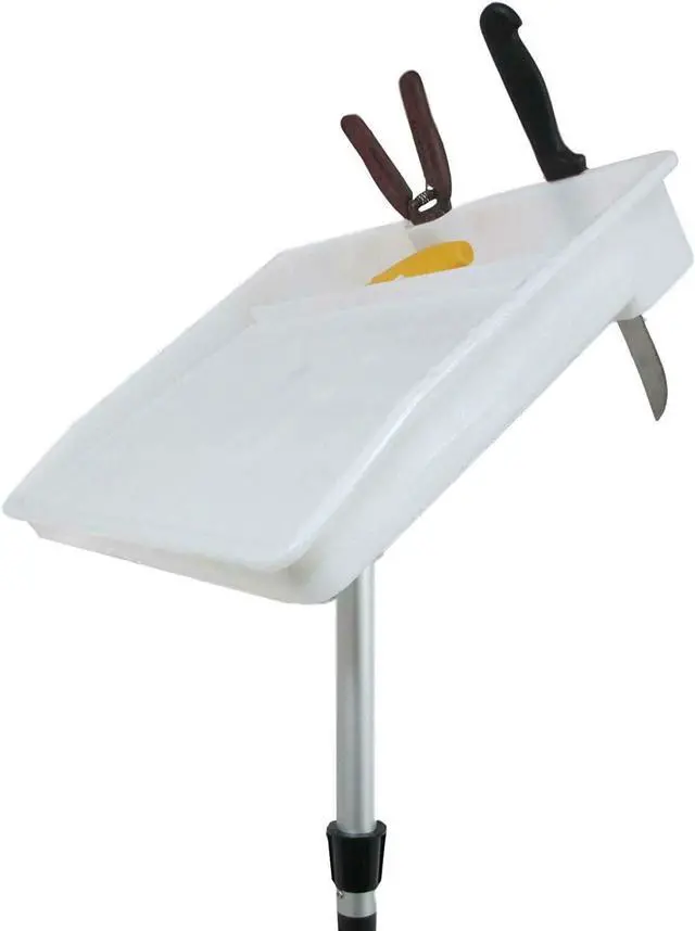 Alt view image 3 of 7 - Bait Cutting Board for Boat - Adjustable Fish Cleaning Filet Table with Compartments, Knife Slots, and Engraved Fish Scale | Easy to Transport & Store (Rod Holder Mount) White