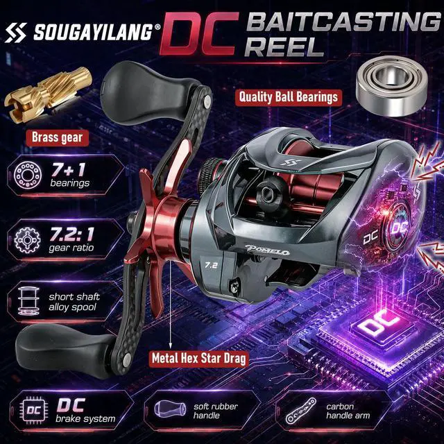 Alt view image 3 of 7 - Upgraded DC Baitcasting Reel with Digital Control Braking, Carbon Fiber Handle, 7+1 Stainless Steel Bearings, 7.2:1 Gear Ratio, Brass Gear, Audible Drag Clicker