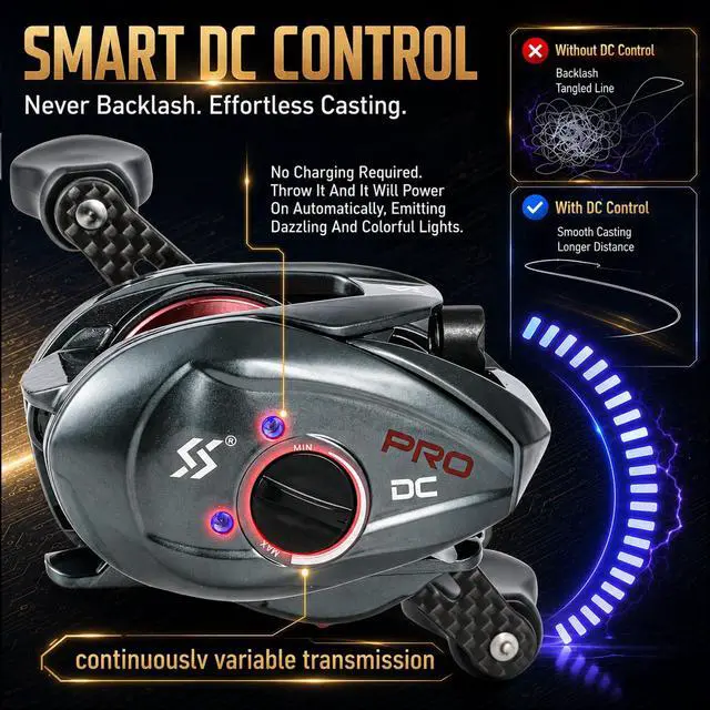Alt view image 5 of 7 - Upgraded DC Baitcasting Reel with Digital Control Braking, Carbon Fiber Handle, 7+1 Stainless Steel Bearings, 7.2:1 Gear Ratio, Brass Gear, Audible Drag Clicker