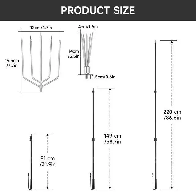 Alt view image 2 of 6 - Fishing Harpoon Spear Gaff Gig, Frog Flounder Fork Hook, 4ft-8ft | Fishing Harpoon Gig, Captures Frogs and Flounders Securely, Fits Ice Fishing, Streams, And Swamps