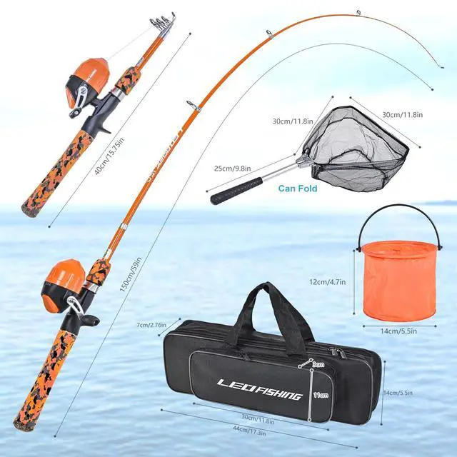 Alt view image 4 of 6 - Kids Fishing Pole Set with Full Starter Kits Portable Telescopic Fishing Rod and Spincast Reel with a Fishing Net and Bucket for Boys Girls and Youth