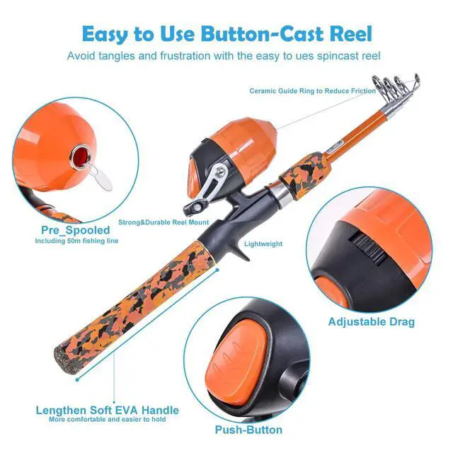 Alt view image 2 of 6 - Kids Fishing Pole Set with Full Starter Kits Portable Telescopic Fishing Rod and Spincast Reel with a Fishing Net and Bucket for Boys Girls and Youth