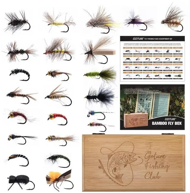 Main image of Fly Fishing Flies Kit, 54pcs Dry Wet Flies Streamers Nymphs with Wooden Fly Box, Bass Trout Steelhead Salmon Lures Set Assortment Kit, Gifts for Men