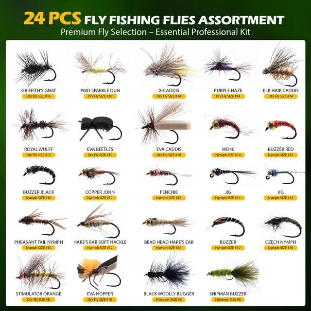 Alt view image 3 of 7 - Fly Fishing Flies Kit, 54pcs Dry Wet Flies Streamers Nymphs with Wooden Fly Box, Bass Trout Steelhead Salmon Lures Set Assortment Kit, Gifts for Men