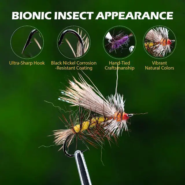 Alt view image 4 of 7 - Fly Fishing Flies Kit, 54pcs Dry Wet Flies Streamers Nymphs with Wooden Fly Box, Bass Trout Steelhead Salmon Lures Set Assortment Kit, Gifts for Men