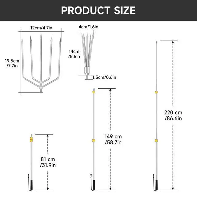 Alt view image 2 of 6 - Fishing Harpoon Spear Gaff Gig, Frog Flounder Fork Hook, 4ft-8ft | Fishing Harpoon Gig, Captures Frogs and Flounders Securely, Fits Ice Fishing, Streams, And Swamps