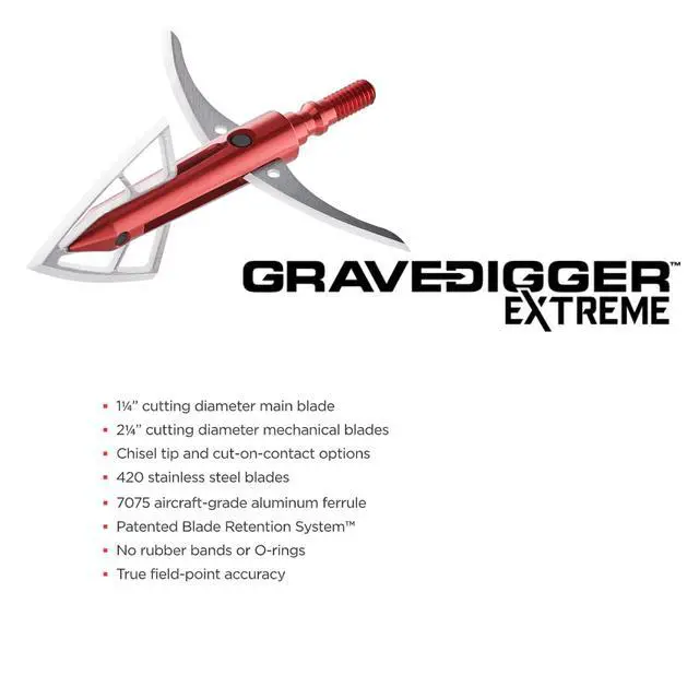 Alt view image 3 of 6 - Gravedigger Extreme 4-Blade Hunting Hybrid Mechanical Broadhead with Cut-on-Contact Tip - 100 Grains | 2.25" Cutting Diameter | 3 Pack
