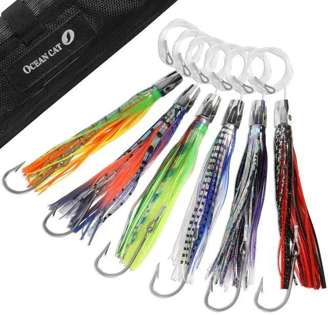Main image of Saltwater Trolling Lures Set, Offshore Fishing Lure Rigged Circle Hook & 6 in/9 in Hoochie Octopus/Squid Skirts for Catching Mahi, Tuna, Wahoo and Big Game Fishes