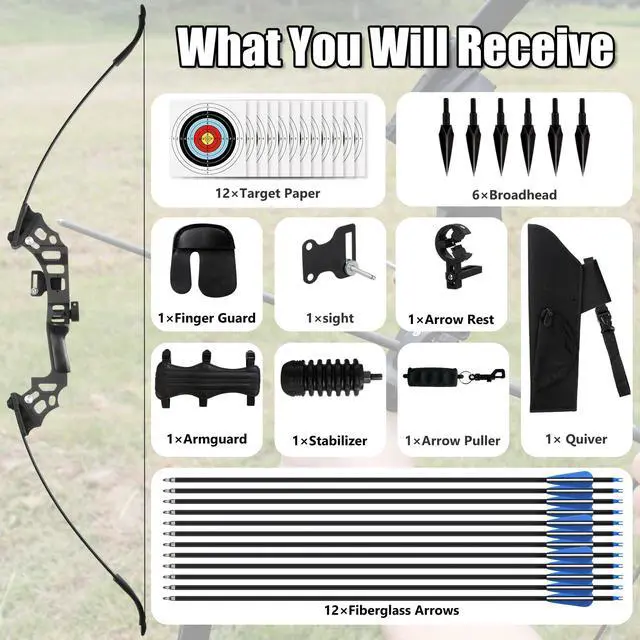 Alt view image 6 of 7 - Recurve Bow and Arrow Set for Adults, 3040lbs Right-Handed Archery Kit with Carbon Arrows & Accessories for Outdoor Target Practice