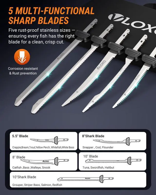 Alt view image 3 of 7 - Electric Fillet Knife for Fish, Cordless Electric Fish Fillet Knife with 5 Ti-Nitride S.S. Coated Blades Non-Slip Grip Handle Safety Lock Portable Carry Case Rechargeable for Fishing Filleting