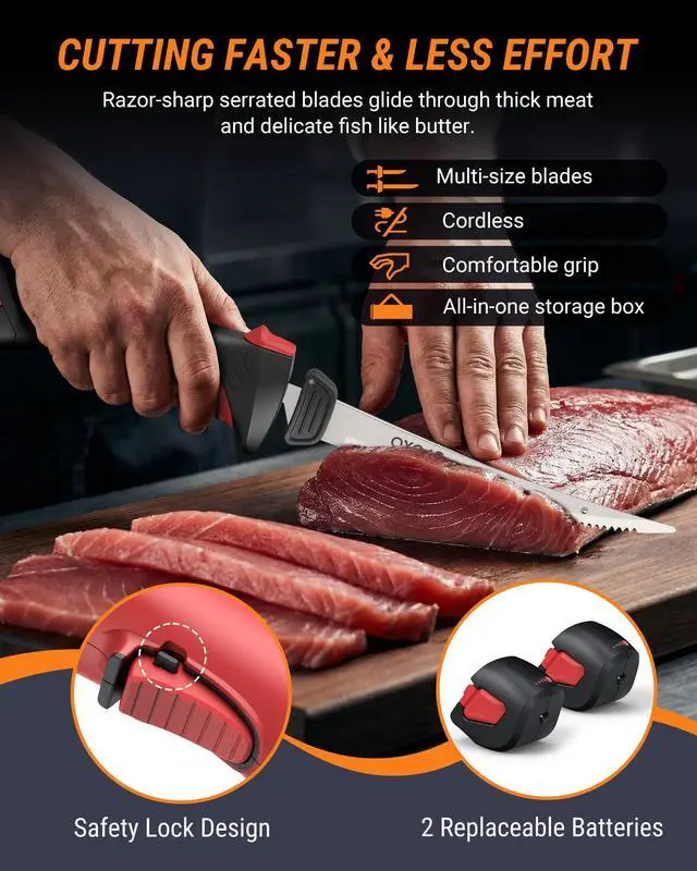 Alt view image 2 of 7 - Electric Fillet Knife for Fish, Cordless Electric Fish Fillet Knife with 5 Ti-Nitride S.S. Coated Blades Non-Slip Grip Handle Safety Lock Portable Carry Case Rechargeable for Fishing Filleting