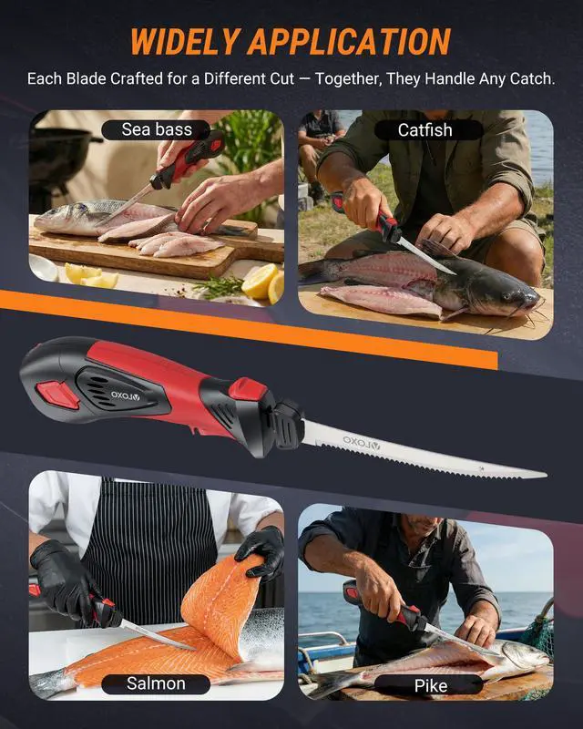 Alt view image 7 of 7 - Electric Fillet Knife for Fish, Cordless Electric Fish Fillet Knife with 5 Ti-Nitride S.S. Coated Blades Non-Slip Grip Handle Safety Lock Portable Carry Case Rechargeable for Fishing Filleting