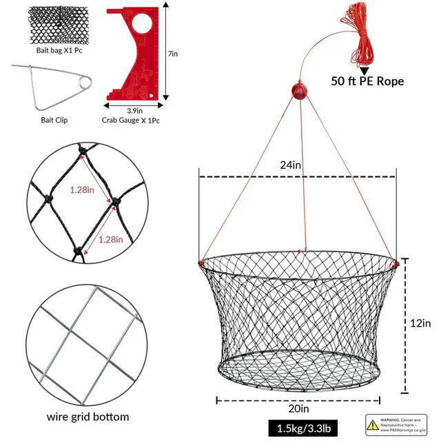 Alt view image 4 of 7 - Crab Ring Trap Bait with Crab Gague Measure and Bait Clip Crab Net Minnow Trap with 24 Tarred Braided Twine Fishing Crabbing Net for Board, Kayak, Dock and Pier