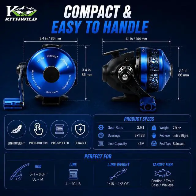 Alt view image 4 of 7 - Spincast Fishing Reel, 3.9:1 Gear Ratio, Pre-Spooled, Left/Right Hand Reversible, Aluminum, Black, for Freshwater Trout, Catfish and Bass