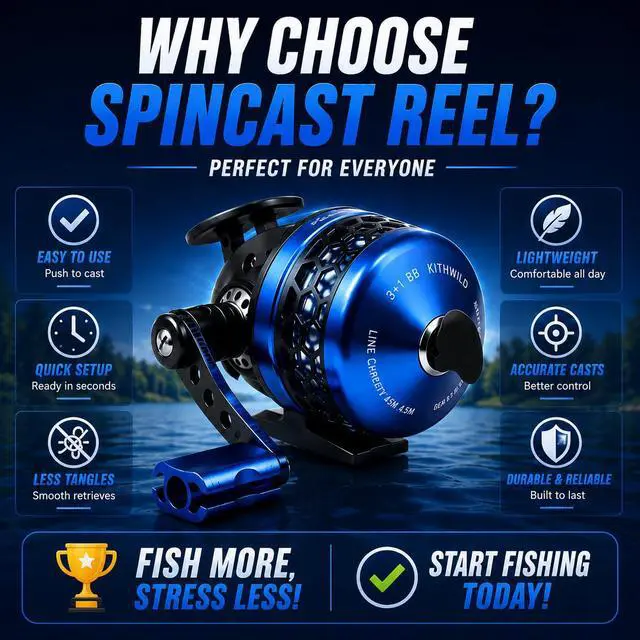 Alt view image 6 of 7 - Spincast Fishing Reel, 3.9:1 Gear Ratio, Pre-Spooled, Left/Right Hand Reversible, Aluminum, Black, for Freshwater Trout, Catfish and Bass