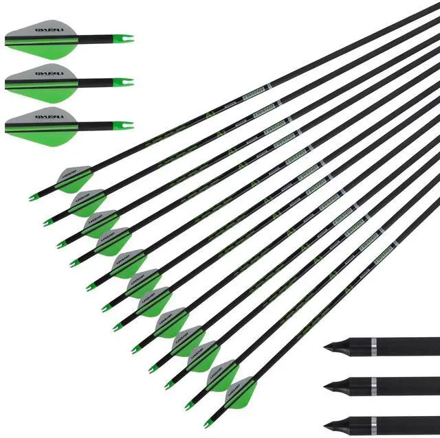 Main image of 32 Inch Carbon Arrows for Compound Recurve Bow | 32 inch spine 300 350 400 carbon shaft, removable screw in tips, 12 arrows for archery hunting target shooting practice