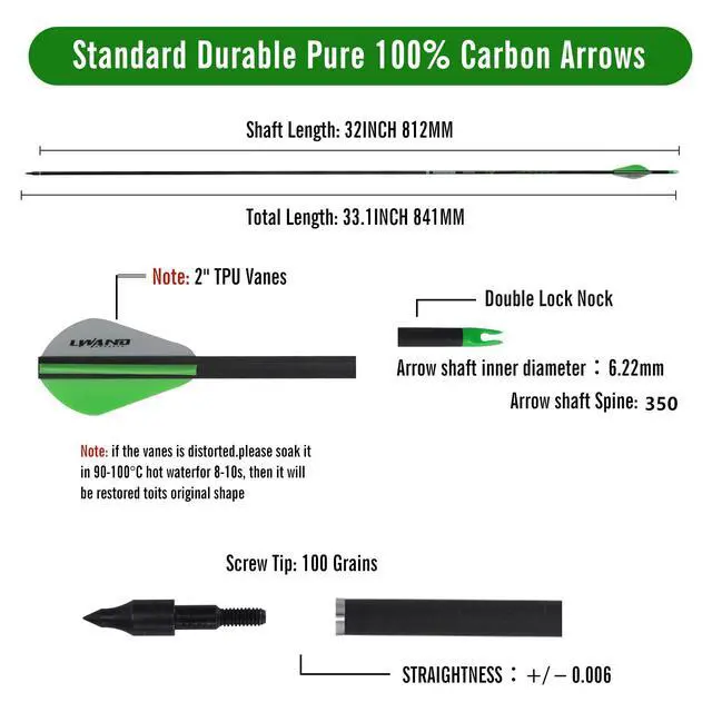 Alt view image 2 of 7 - 32 Inch Carbon Arrows for Compound Recurve Bow | 32 inch spine 300 350 400 carbon shaft, removable screw in tips, 12 arrows for archery hunting target shooting practice