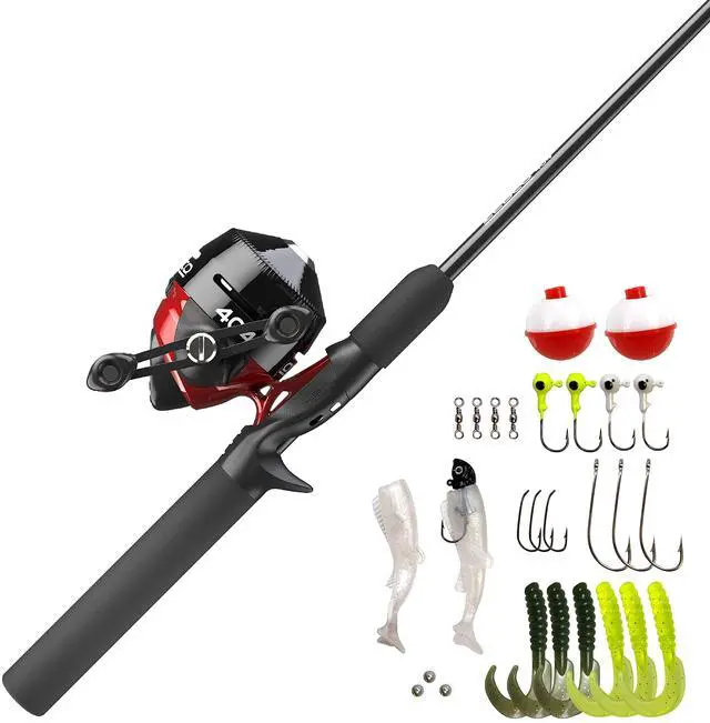 Main image of 404 Spincast Reel and Fishing Rod Combo, 5'6" 2-Piece Durable Fiberglass Rod with EVA Handle, Quickset Anti-Reverse Reel with Built-in Bite Alert, 28-Piece Tackle Pack,Black/Red