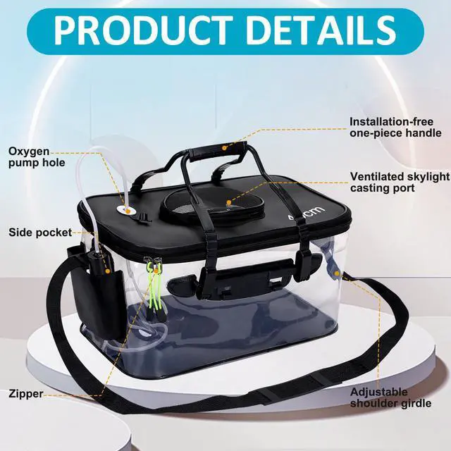 Alt view image 3 of 7 - 5/7/8Gallon Foldable Fishing Bucket with Aerator | Live Bait Bucket and Dual Outlet Air Pump, Heavy Duty EVA Collapsible Fish Basket for Kayak, Ice Fishing, Camping & Travel