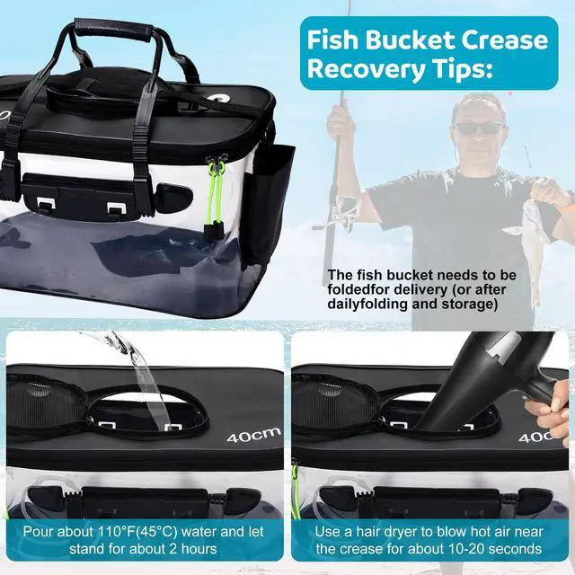 Alt view image 5 of 7 - 5/7/8Gallon Foldable Fishing Bucket with Aerator | Live Bait Bucket and Dual Outlet Air Pump, Heavy Duty EVA Collapsible Fish Basket for Kayak, Ice Fishing, Camping & Travel