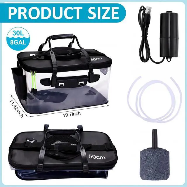 Alt view image 2 of 7 - 5/7/8Gallon Foldable Fishing Bucket with Aerator | Live Bait Bucket and Dual Outlet Air Pump, Heavy Duty EVA Collapsible Fish Basket for Kayak, Ice Fishing, Camping & Travel