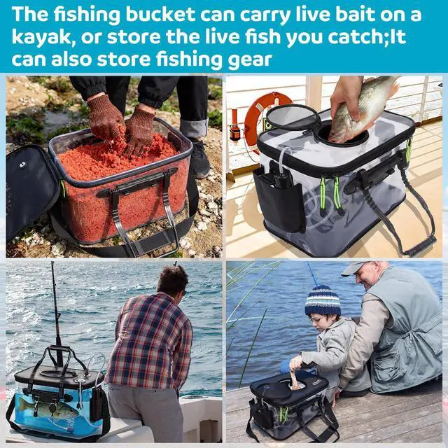 Alt view image 7 of 7 - 5/7/8Gallon Foldable Fishing Bucket with Aerator | Live Bait Bucket and Dual Outlet Air Pump, Heavy Duty EVA Collapsible Fish Basket for Kayak, Ice Fishing, Camping & Travel