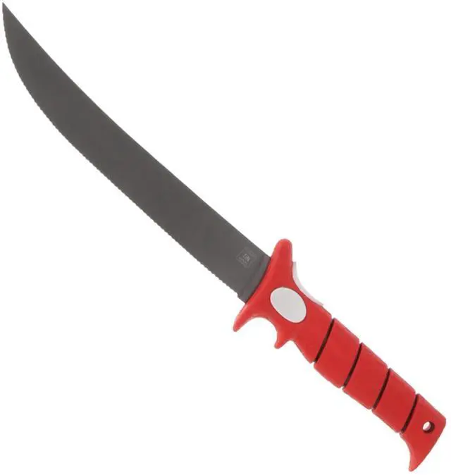 Main image of 9" Serrated Flex Knife with Non-Slip Grip Handle, Offset Full Tang Stainless Steel Blade, Lanyard Hole and Synthetic Sheath for Fishing