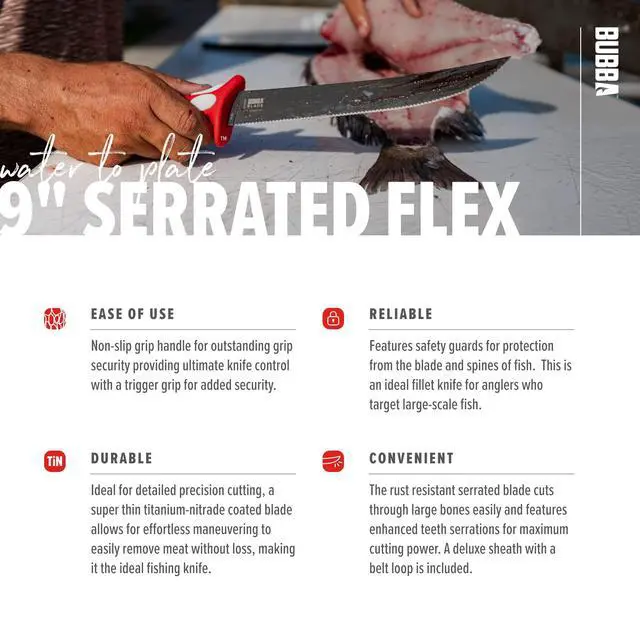 Alt view image 4 of 7 - 9" Serrated Flex Knife with Non-Slip Grip Handle, Offset Full Tang Stainless Steel Blade, Lanyard Hole and Synthetic Sheath for Fishing
