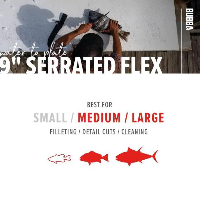Alt view image 5 of 7 - 9" Serrated Flex Knife with Non-Slip Grip Handle, Offset Full Tang Stainless Steel Blade, Lanyard Hole and Synthetic Sheath for Fishing