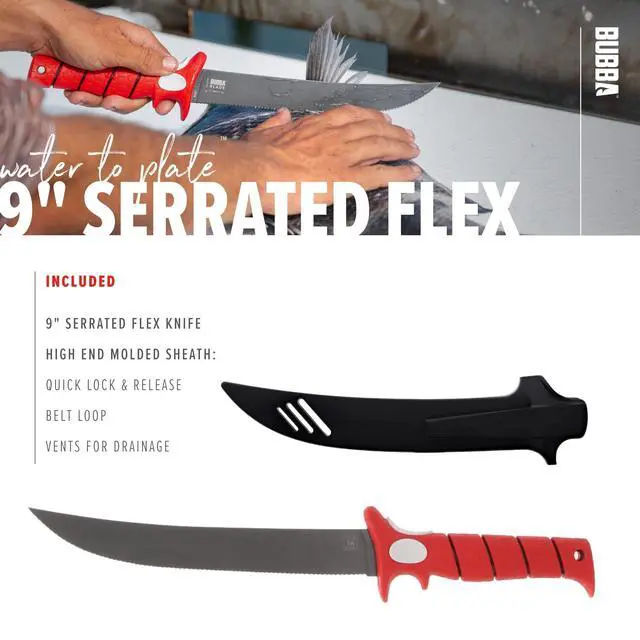 Alt view image 6 of 7 - 9" Serrated Flex Knife with Non-Slip Grip Handle, Offset Full Tang Stainless Steel Blade, Lanyard Hole and Synthetic Sheath for Fishing