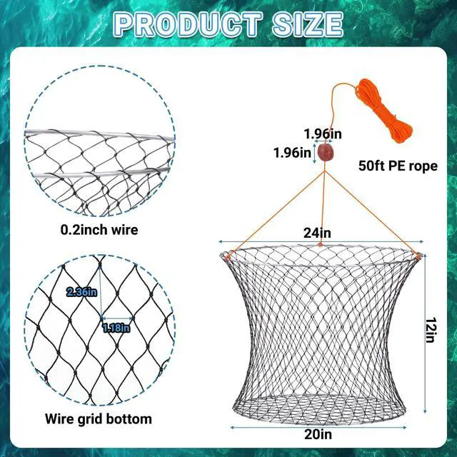 Alt view image 2 of 7 - 2 Set Crab Trap Hoop Net 24 Two Ring Crab Traps Folded Cage Pot with Rope, Bait Bag, Clip, Ruler, Buoy, Line, Wire Mesh Portable Crabbing Snare Kit for Crabbing Blue Crabs Lobster Dock Pier