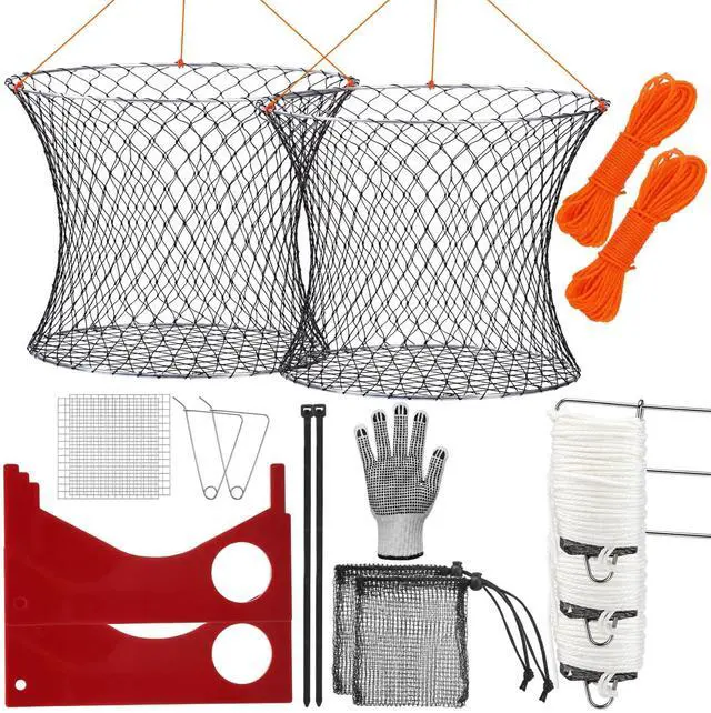 Main image of 2 Set Crab Trap Hoop Net 24 Two Ring Crab Traps Folded Cage Pot with Rope, Bait Bag, Clip, Ruler, Buoy, Line, Wire Mesh Portable Crabbing Snare Kit for Crabbing Blue Crabs Lobster Dock Pier