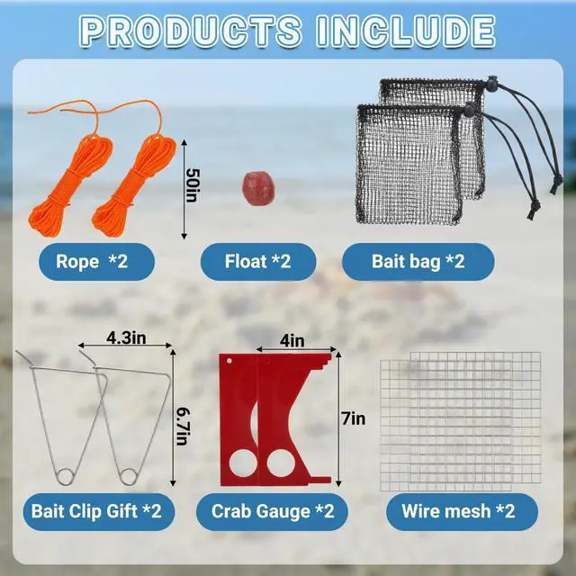 Alt view image 4 of 7 - 2 Set Crab Trap Hoop Net 24 Two Ring Crab Traps Folded Cage Pot with Rope, Bait Bag, Clip, Ruler, Buoy, Line, Wire Mesh Portable Crabbing Snare Kit for Crabbing Blue Crabs Lobster Dock Pier