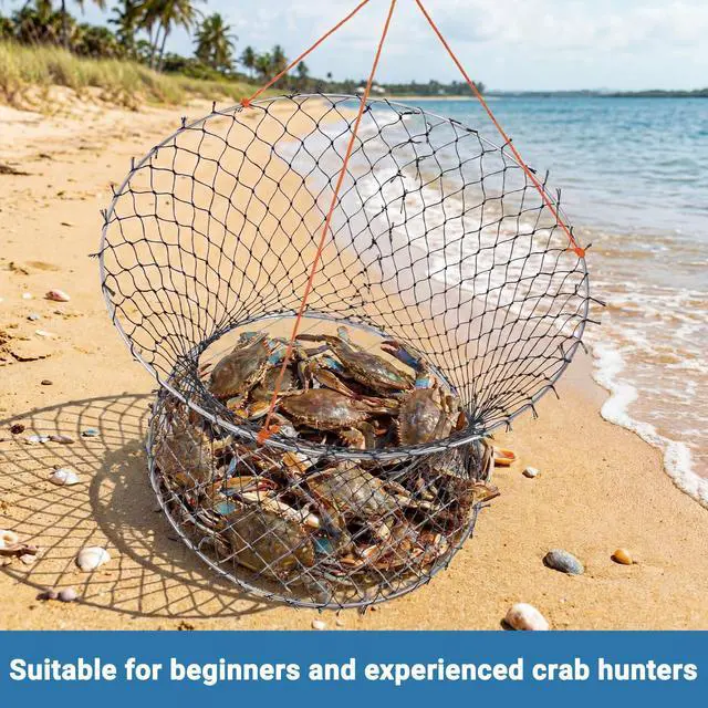 Alt view image 5 of 7 - 2 Set Crab Trap Hoop Net 24 Two Ring Crab Traps Folded Cage Pot with Rope, Bait Bag, Clip, Ruler, Buoy, Line, Wire Mesh Portable Crabbing Snare Kit for Crabbing Blue Crabs Lobster Dock Pier