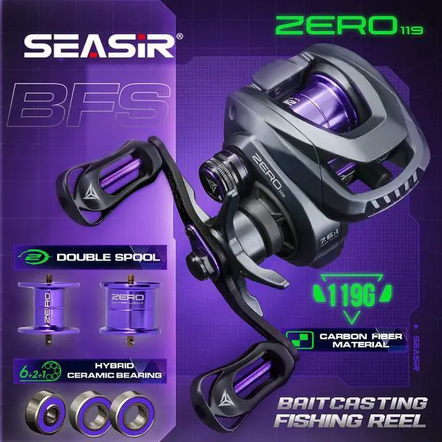 Alt view image 3 of 7 - Zero119 Ultralight Baitcasting Reel BFS Double Spool | 4.2oz, Freshwater Casting, Max Drag 9LB, 8+1 BB, 7.6:1 Ratio, Carbon Fiber Washer, Black & Purple