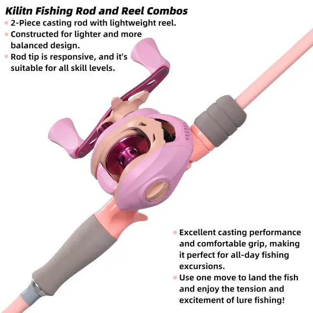 Alt view image 2 of 6 - Fishing Rod and Reel Combo, Pink Color Baitcasting Combo Baitcast Reel, 2-Piece Baitcaster Rod, Durable Fiberglass with Comfortable EVA Handle for Girl, Woman, or Beginner