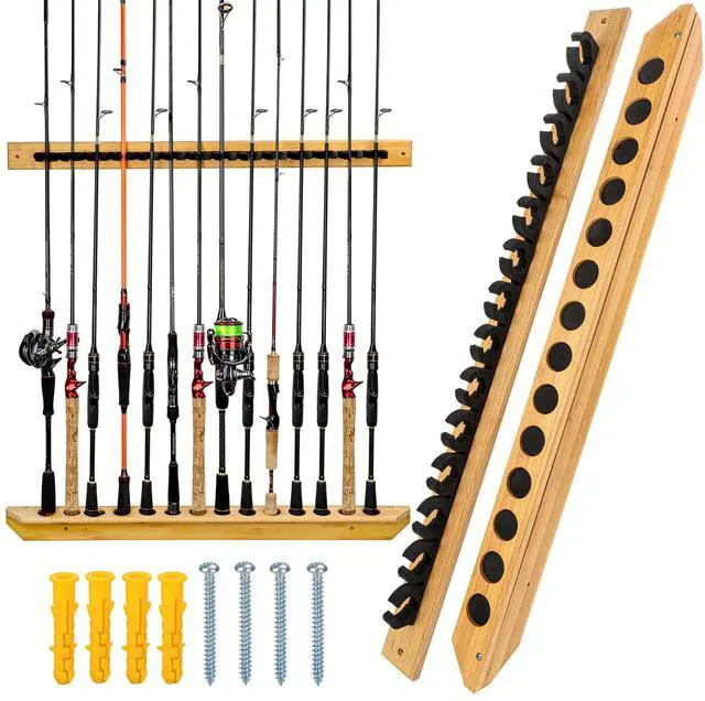 Main image of Fishing Rod Racks Fishing Rod Holders for Garage Wood Fishing Pole Wall Rack Store 14 Fishing Rod Combos,1 Pair