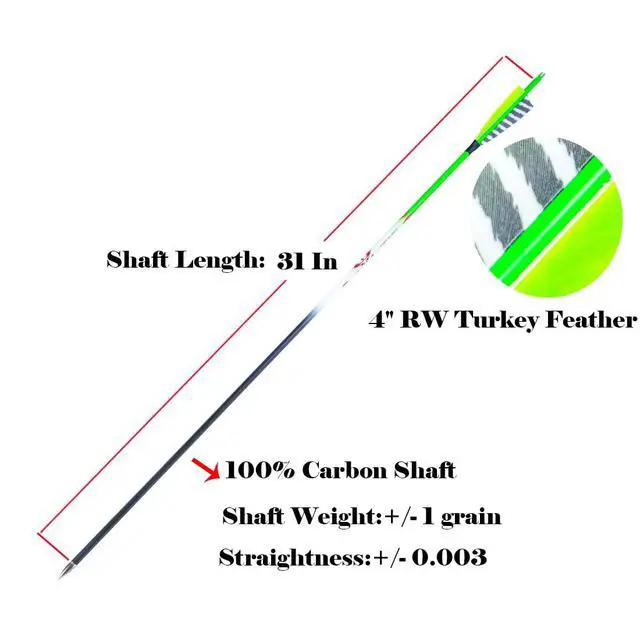 Alt view image 2 of 7 - Traditional Archery Carbon Feather Arrows 300 340 400 500 600 Spine 31 Inch for Recurve Compound Bow Longbow Hunting Targets Arrow 12PCS