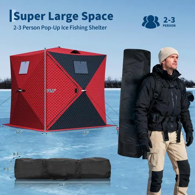 Alt view image 2 of 6 - Portable Insulated Ice Fishing Shelter Pop-Up Tent for 2-8 People, Durable Weather-Resistant, Quick Setup, Carry Bag Included Ideal for Outdoor Anglers