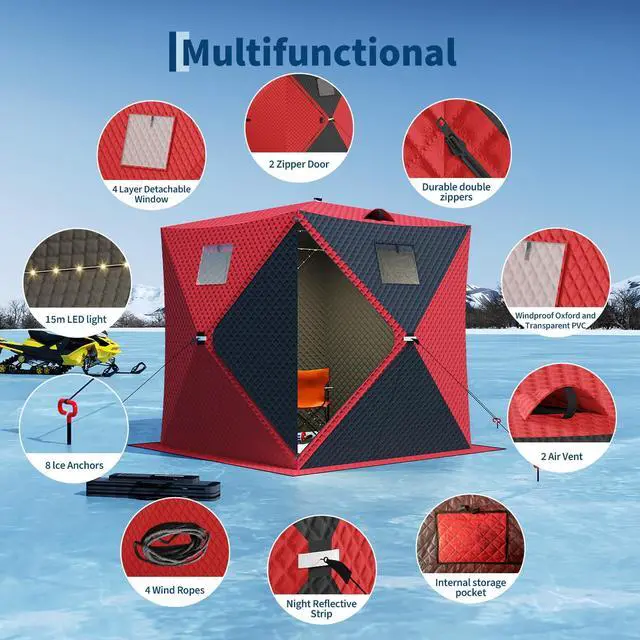 Alt view image 6 of 6 - Portable Insulated Ice Fishing Shelter Pop-Up Tent for 2-8 People, Durable Weather-Resistant, Quick Setup, Carry Bag Included Ideal for Outdoor Anglers