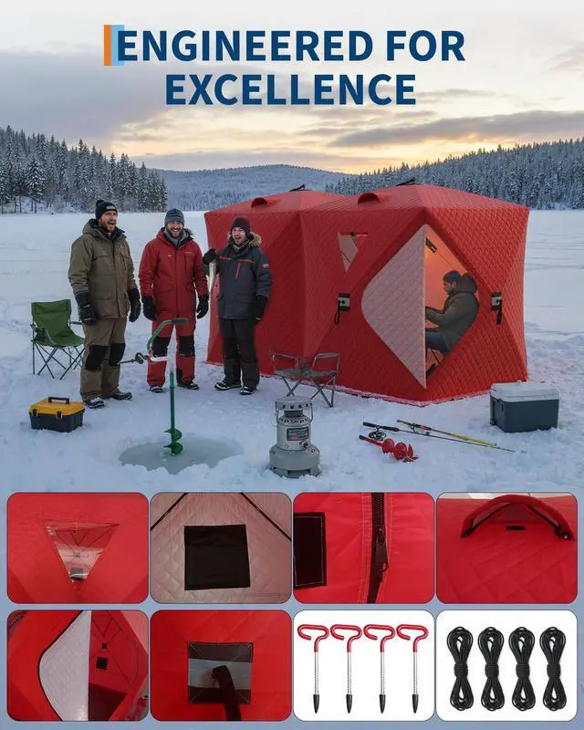 Alt view image 2 of 7 - Insulated Pop-Up Ice Fishing Tent Shelter, 68 Person Portable Hub-Style Cabin Shanty, 60-Second Instant Setup, Windproof Thermal, Winter Ice Fishing Tent w/Ice Anchors, Stability Ropes & Carry Bag