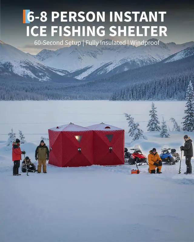 Alt view image 4 of 7 - Insulated Pop-Up Ice Fishing Tent Shelter, 68 Person Portable Hub-Style Cabin Shanty, 60-Second Instant Setup, Windproof Thermal, Winter Ice Fishing Tent w/Ice Anchors, Stability Ropes & Carry Bag
