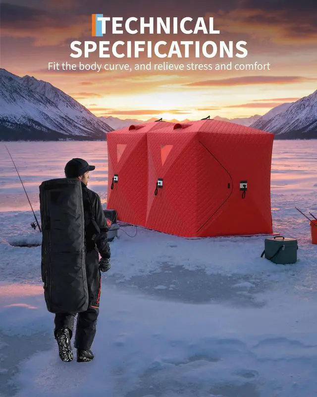 Alt view image 5 of 7 - Insulated Pop-Up Ice Fishing Tent Shelter, 68 Person Portable Hub-Style Cabin Shanty, 60-Second Instant Setup, Windproof Thermal, Winter Ice Fishing Tent w/Ice Anchors, Stability Ropes & Carry Bag